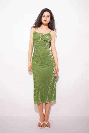 Green Velvet Floral Ruched Slip Midi Dress