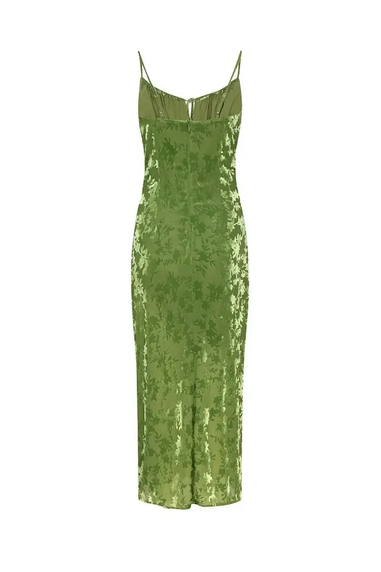 Green Velvet Floral Ruched Slip Midi Dress
