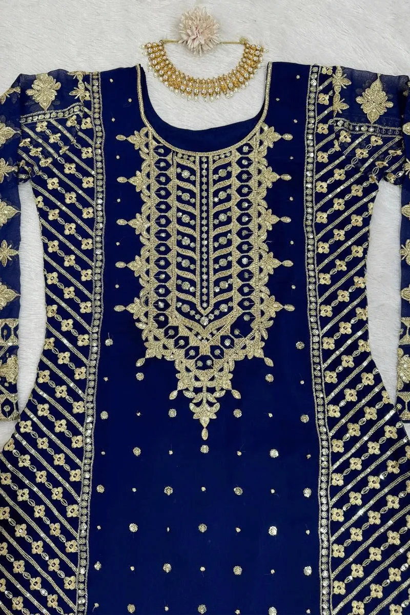 Heavy Work Blue Color Full Pair Dress For Reception