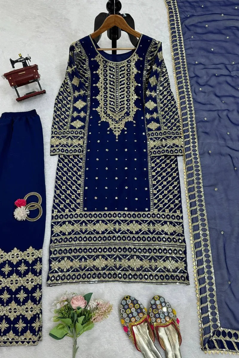 Heavy Work Blue Color Full Pair Dress For Reception