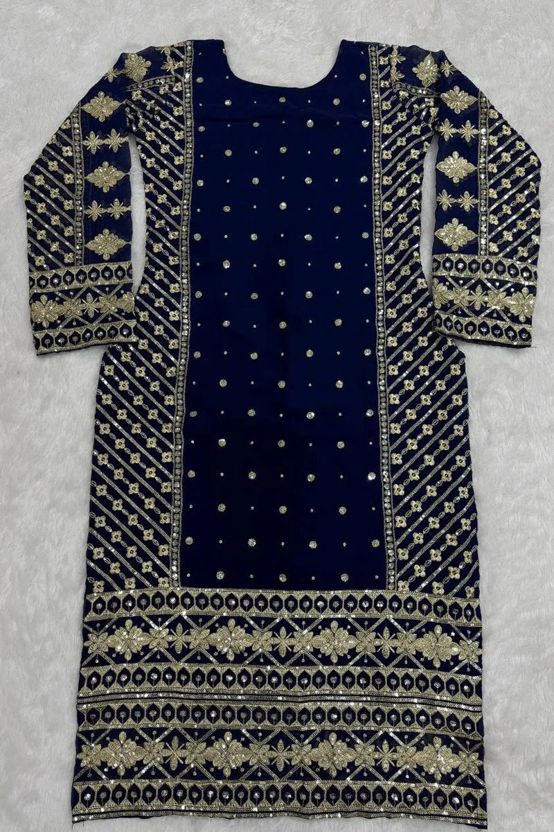 Heavy Work Blue Color Full Pair Dress For Reception