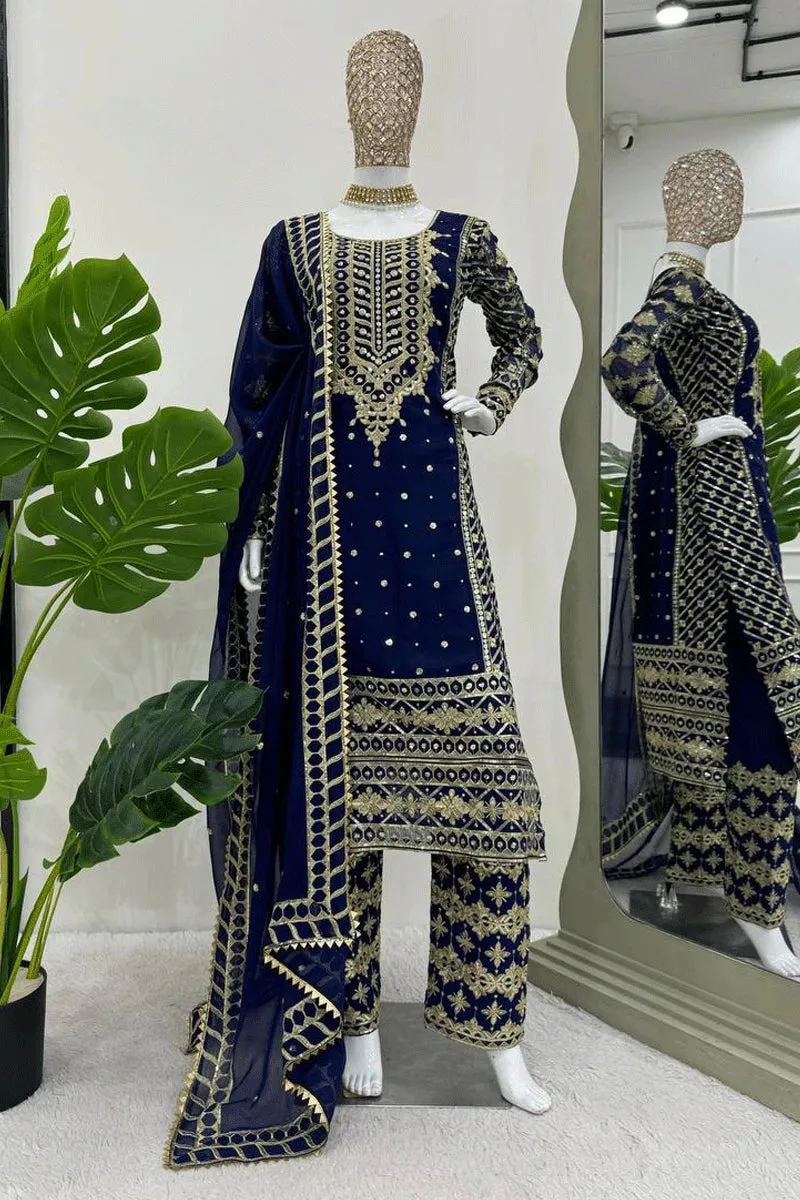 Heavy Work Blue Color Full Pair Dress For Reception