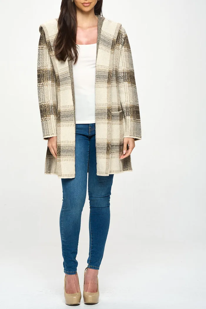 HOODED PLAID SWEATER COAT