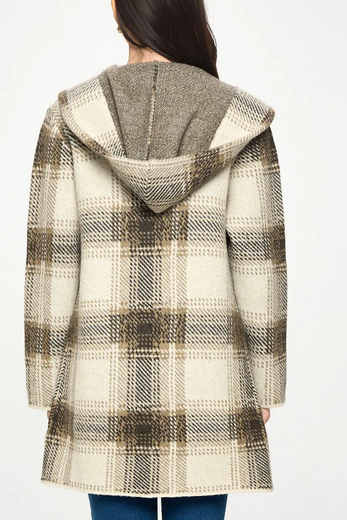 HOODED PLAID SWEATER COAT