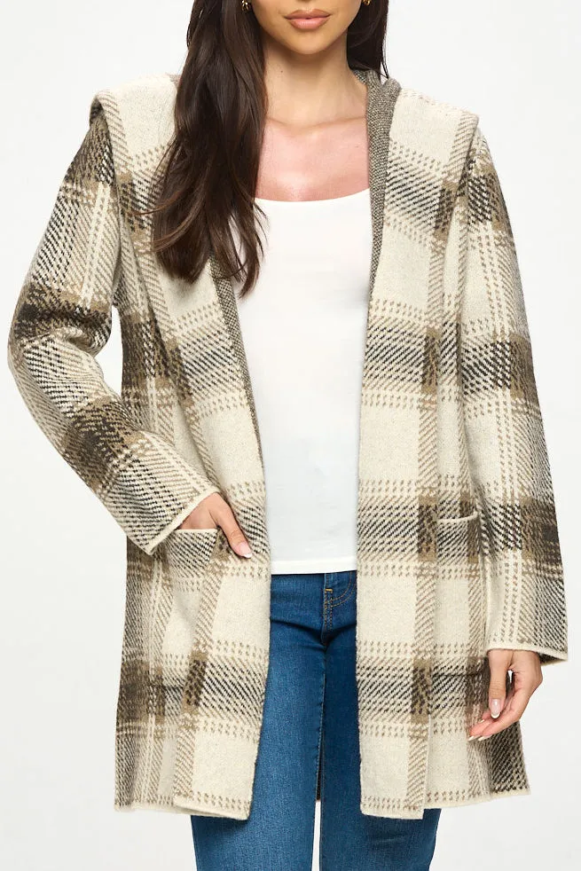 HOODED PLAID SWEATER COAT