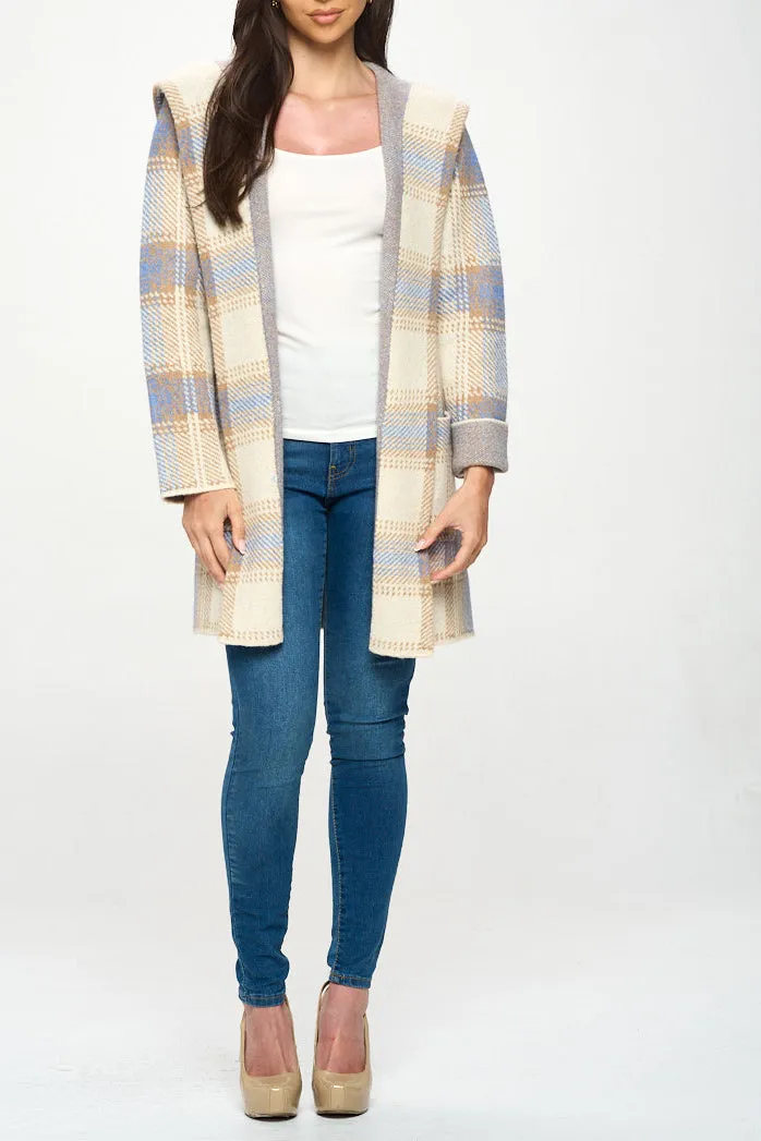 HOODED PLAID SWEATER COAT