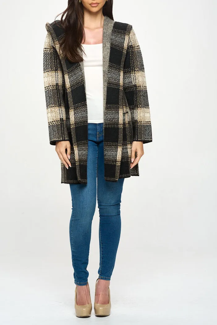 HOODED PLAID SWEATER COAT