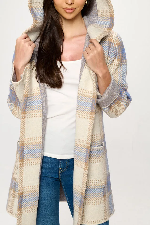 HOODED PLAID SWEATER COAT