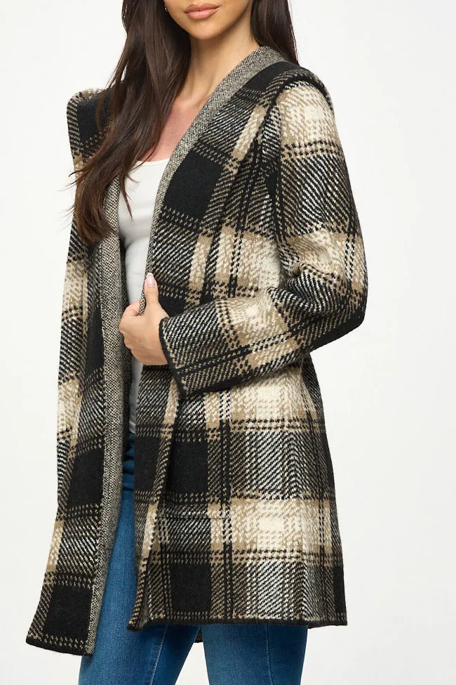 HOODED PLAID SWEATER COAT