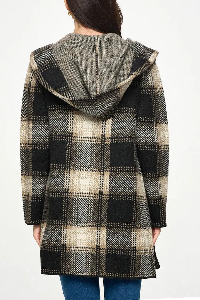 HOODED PLAID SWEATER COAT