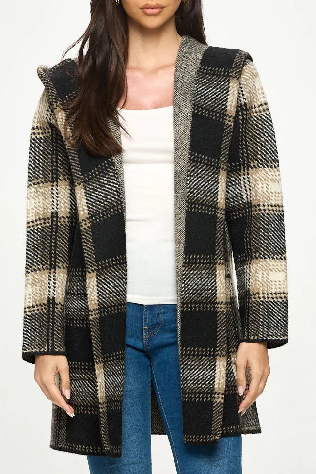 HOODED PLAID SWEATER COAT