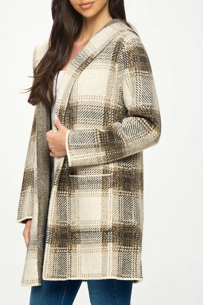 HOODED PLAID SWEATER COAT
