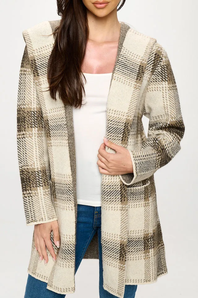 HOODED PLAID SWEATER COAT