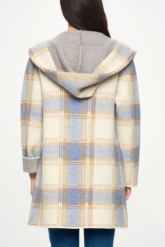 HOODED PLAID SWEATER COAT