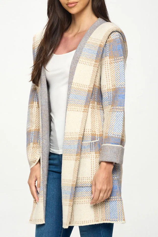 HOODED PLAID SWEATER COAT