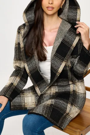 HOODED PLAID SWEATER COAT