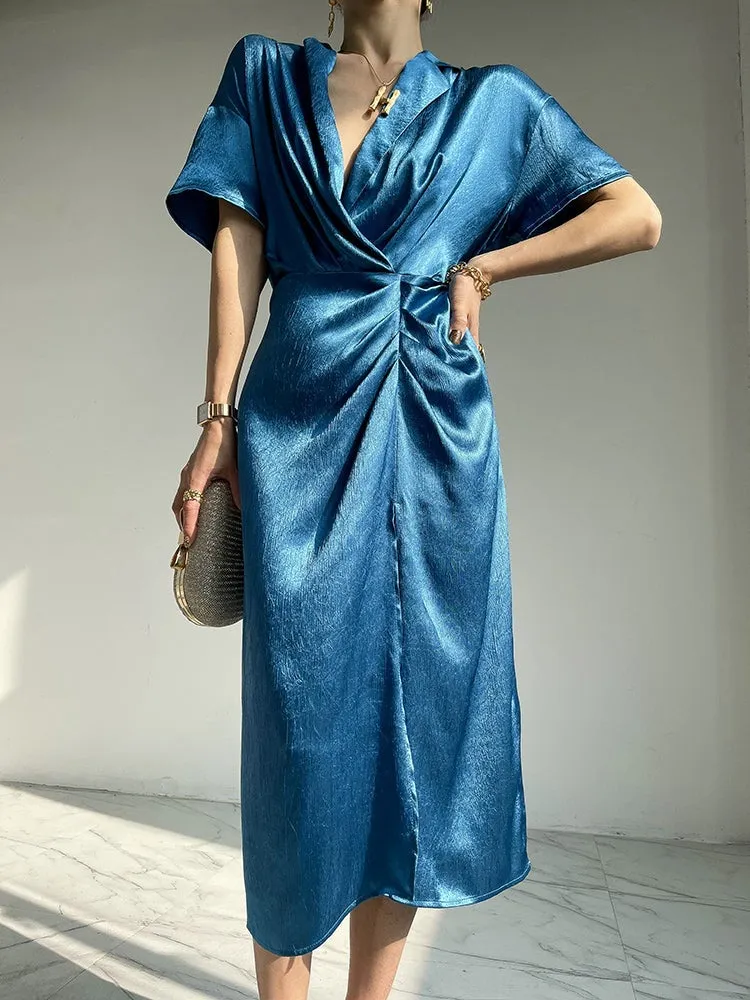 HUANZI custom designer high-end glossy silky elegant dress -Diana Crystal Pink