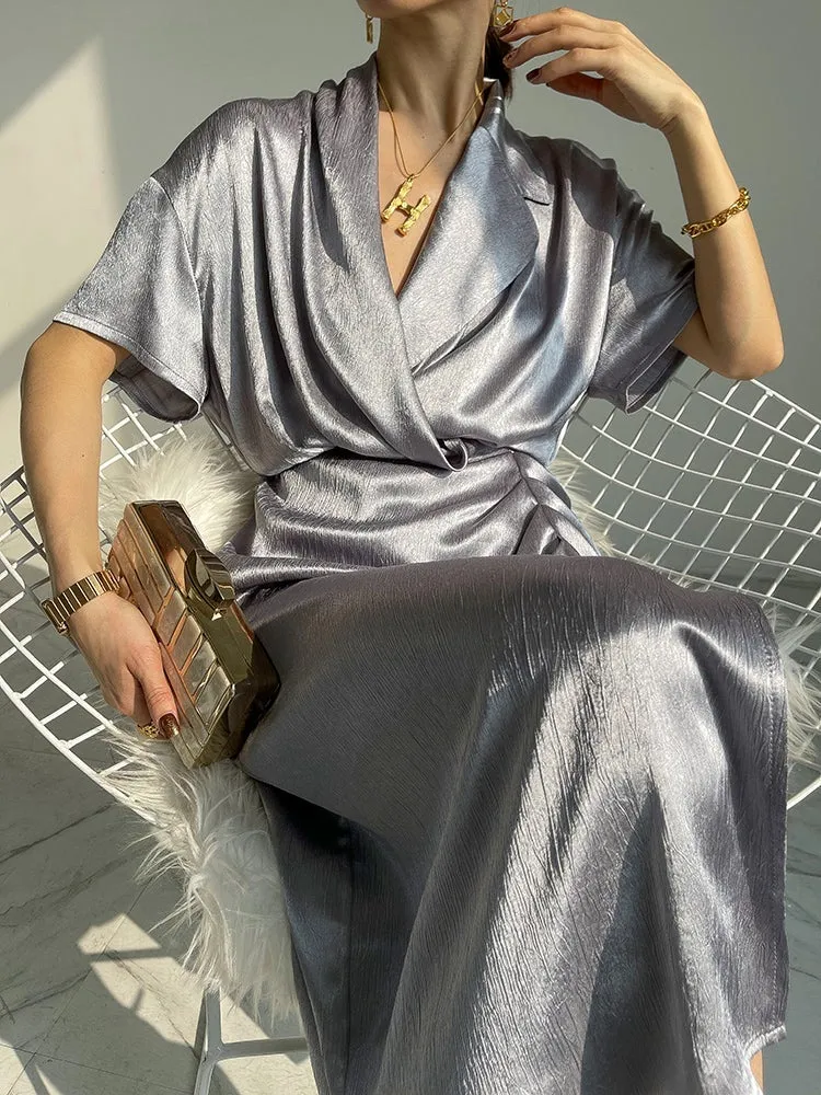 HUANZI custom designer high-end glossy silky elegant dress -Diana Crystal Pink