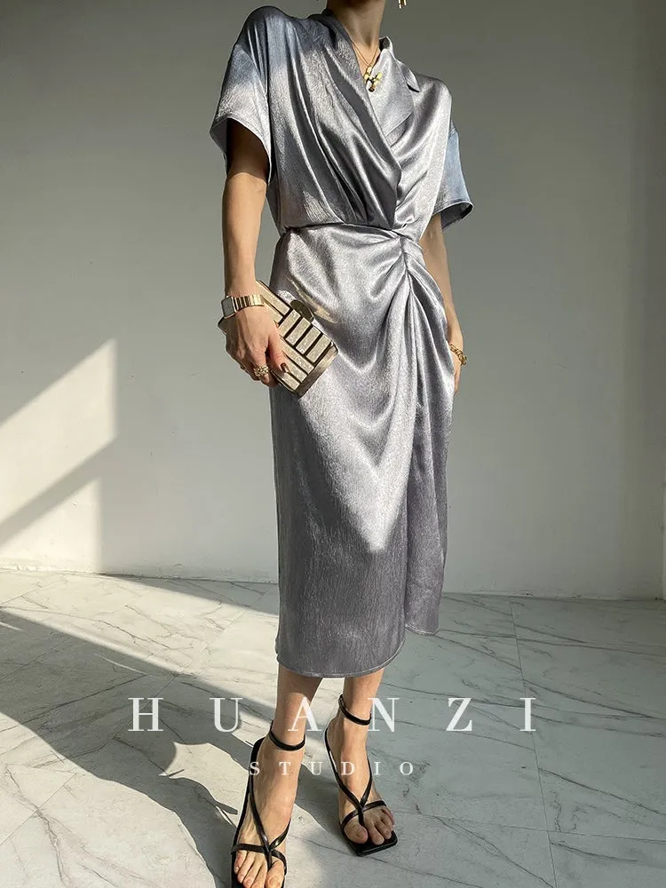 HUANZI custom designer high-end glossy silky elegant dress -Diana Crystal Pink