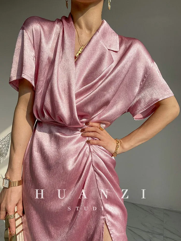 HUANZI custom designer high-end glossy silky elegant dress -Diana Crystal Pink