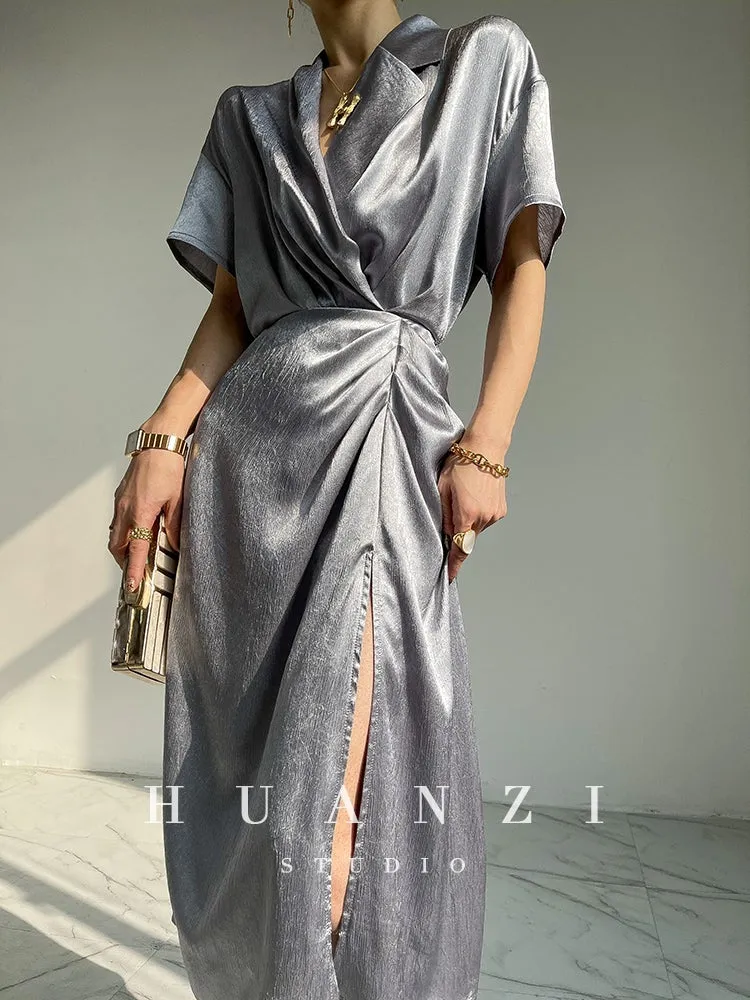 HUANZI custom designer high-end glossy silky elegant dress -Diana Crystal Pink