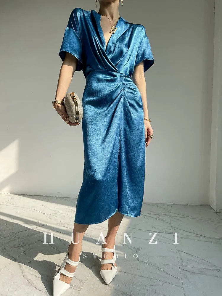 HUANZI custom designer high-end glossy silky elegant dress -Diana Crystal Pink