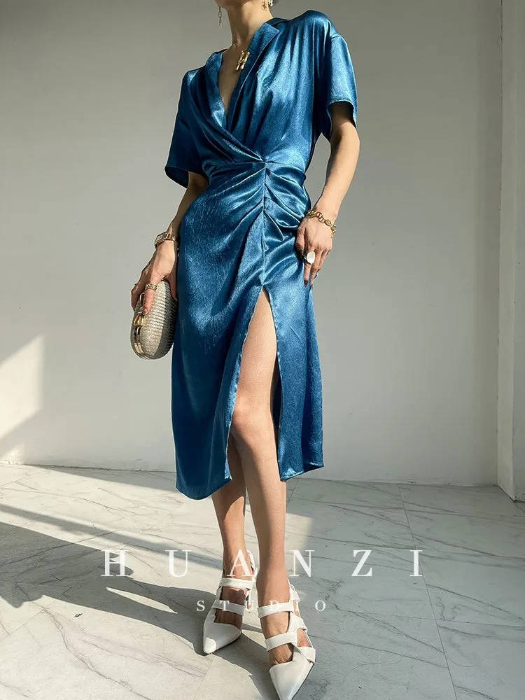HUANZI custom designer high-end glossy silky elegant dress -Diana Crystal Pink