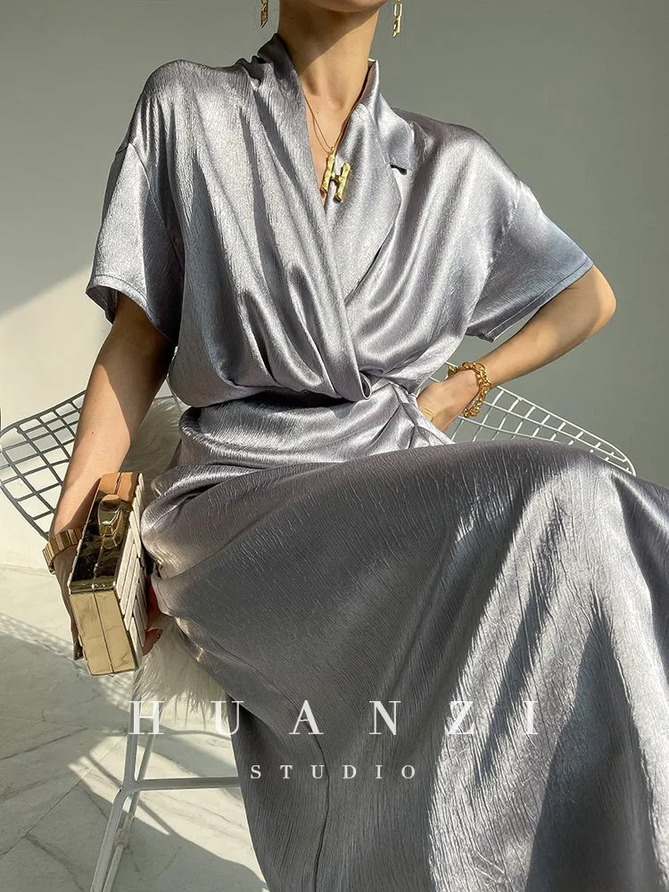 HUANZI custom designer high-end glossy silky elegant dress -Diana Crystal Pink