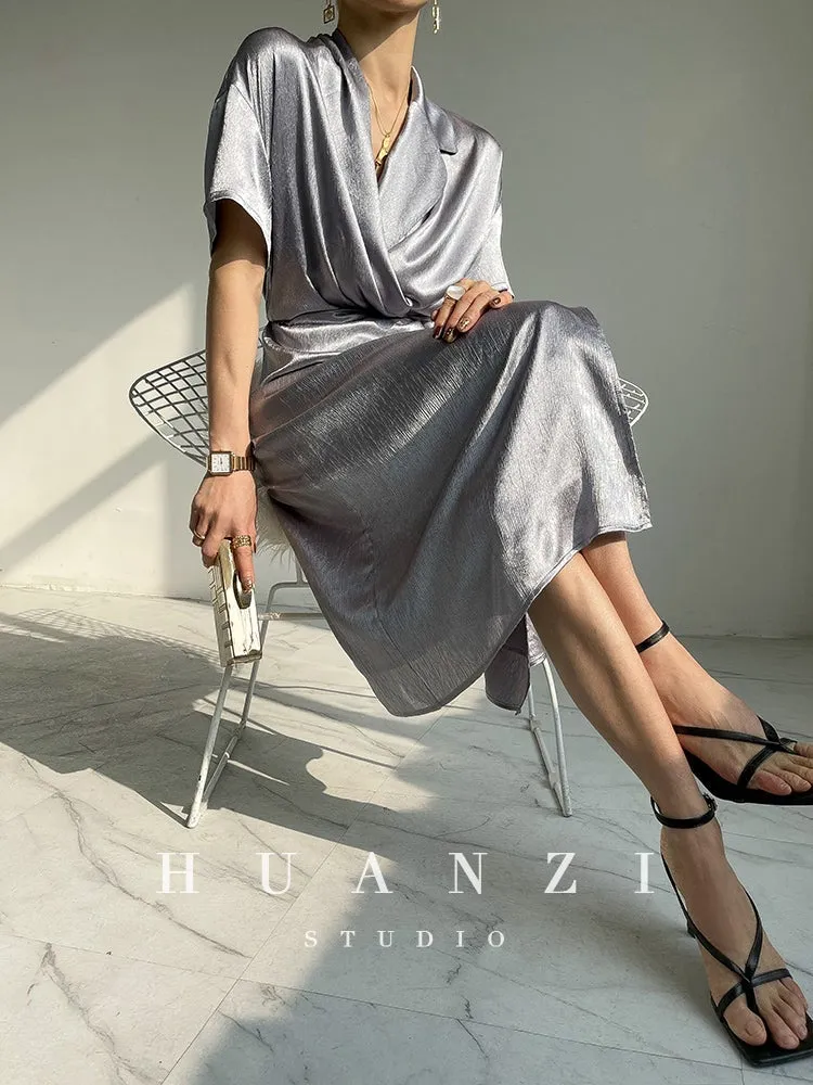 HUANZI custom designer high-end glossy silky elegant dress -Diana Crystal Pink