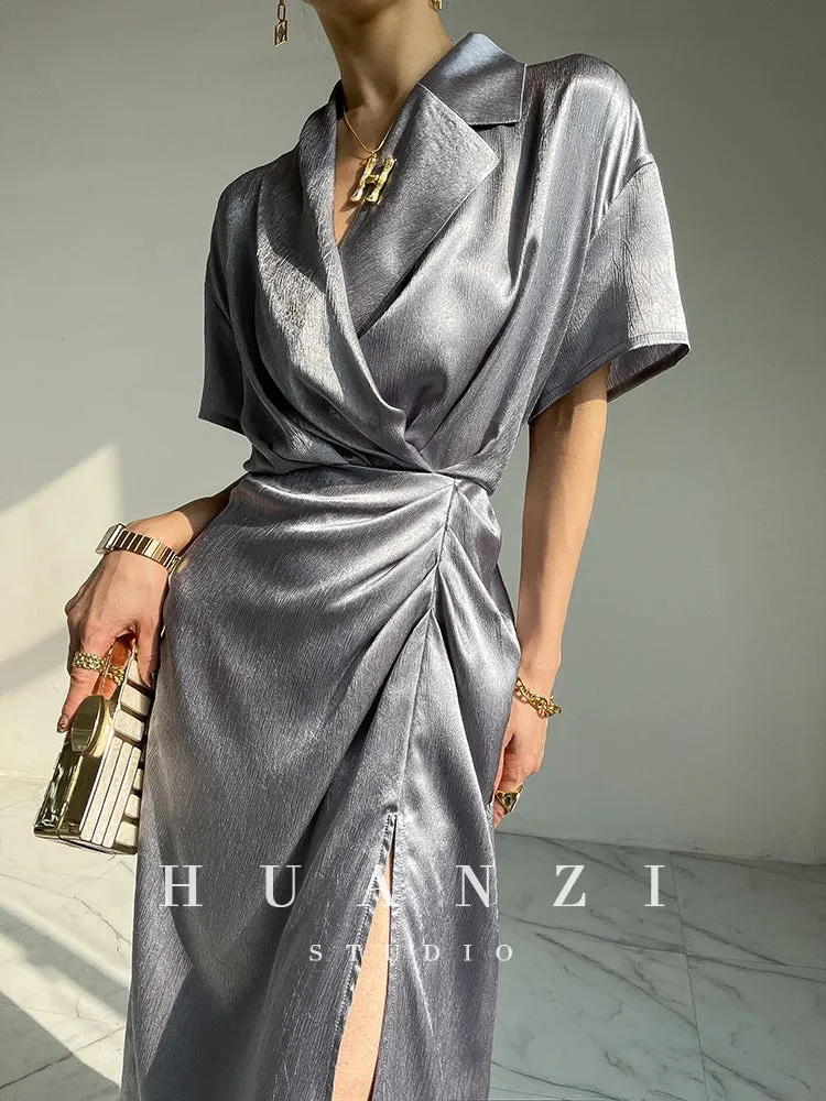 HUANZI custom designer high-end glossy silky elegant dress -Diana Crystal Pink