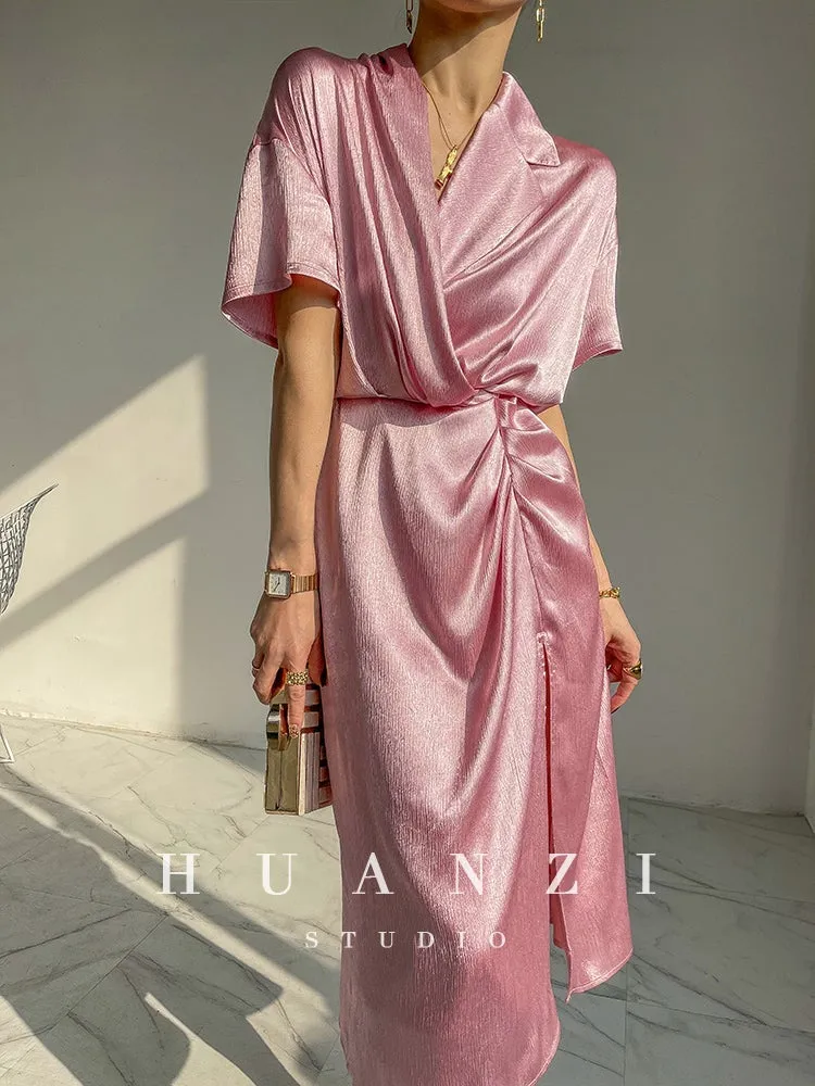 HUANZI custom designer high-end glossy silky elegant dress -Diana Crystal Pink
