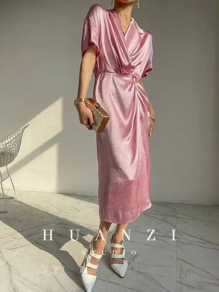 HUANZI custom designer high-end glossy silky elegant dress -Diana Crystal Pink