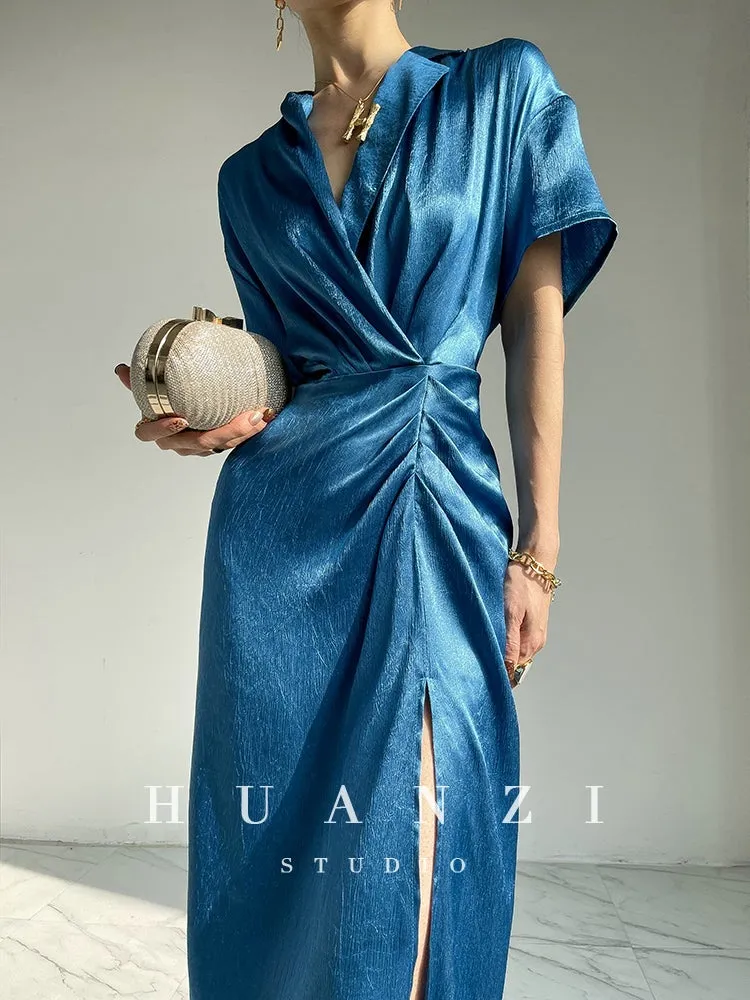 HUANZI custom designer high-end glossy silky elegant dress -Diana Crystal Pink