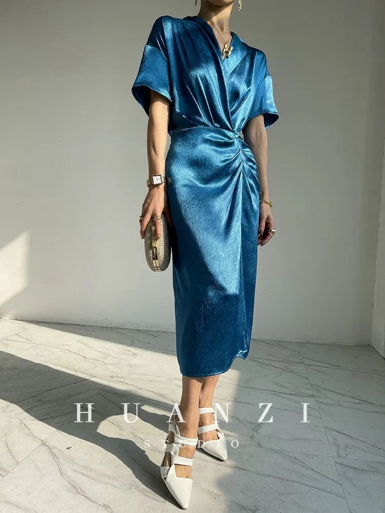 HUANZI custom designer high-end glossy silky elegant dress -Diana Crystal Pink