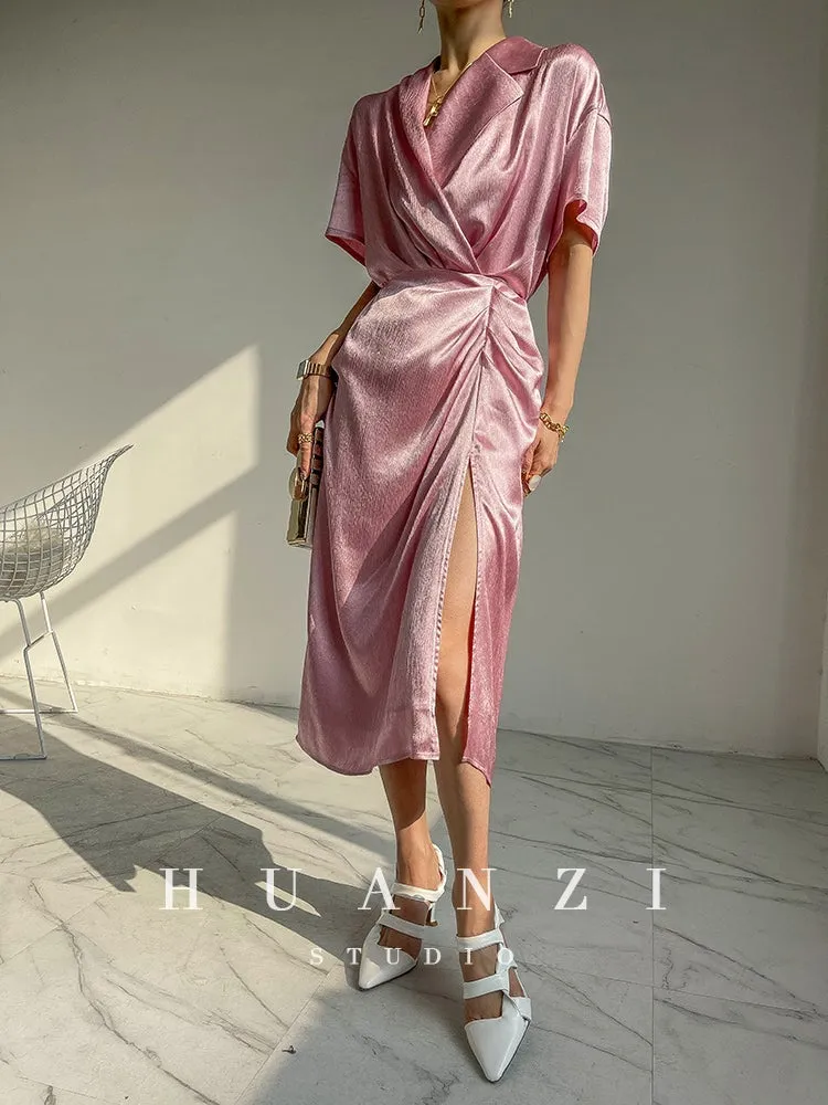 HUANZI custom designer high-end glossy silky elegant dress -Diana Crystal Pink