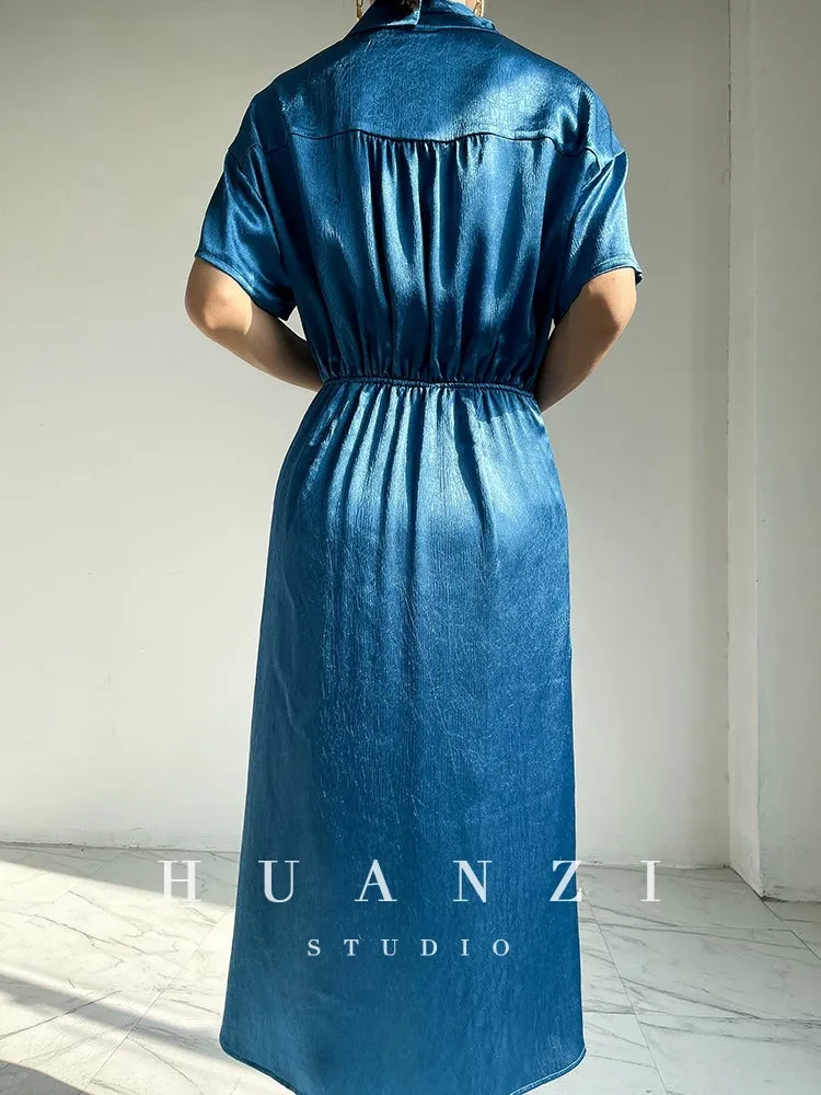 HUANZI custom designer high-end glossy silky elegant dress -Diana Crystal Pink