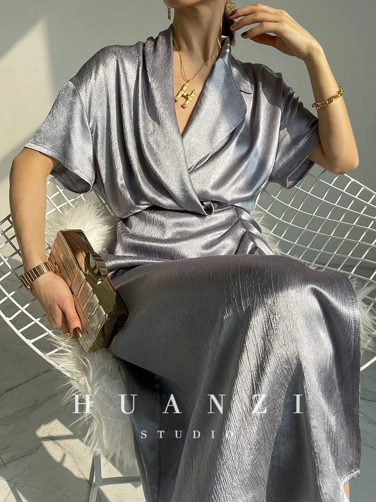 HUANZI custom designer high-end glossy silky elegant dress -Diana Crystal Pink