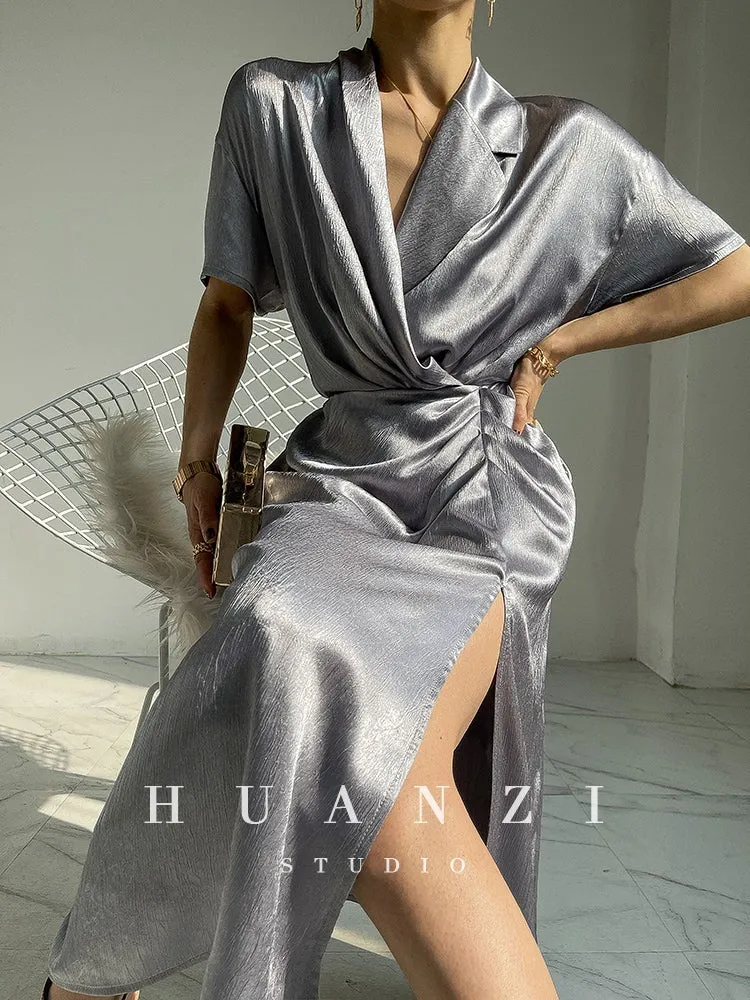 HUANZI custom designer high-end glossy silky elegant dress -Diana Crystal Pink