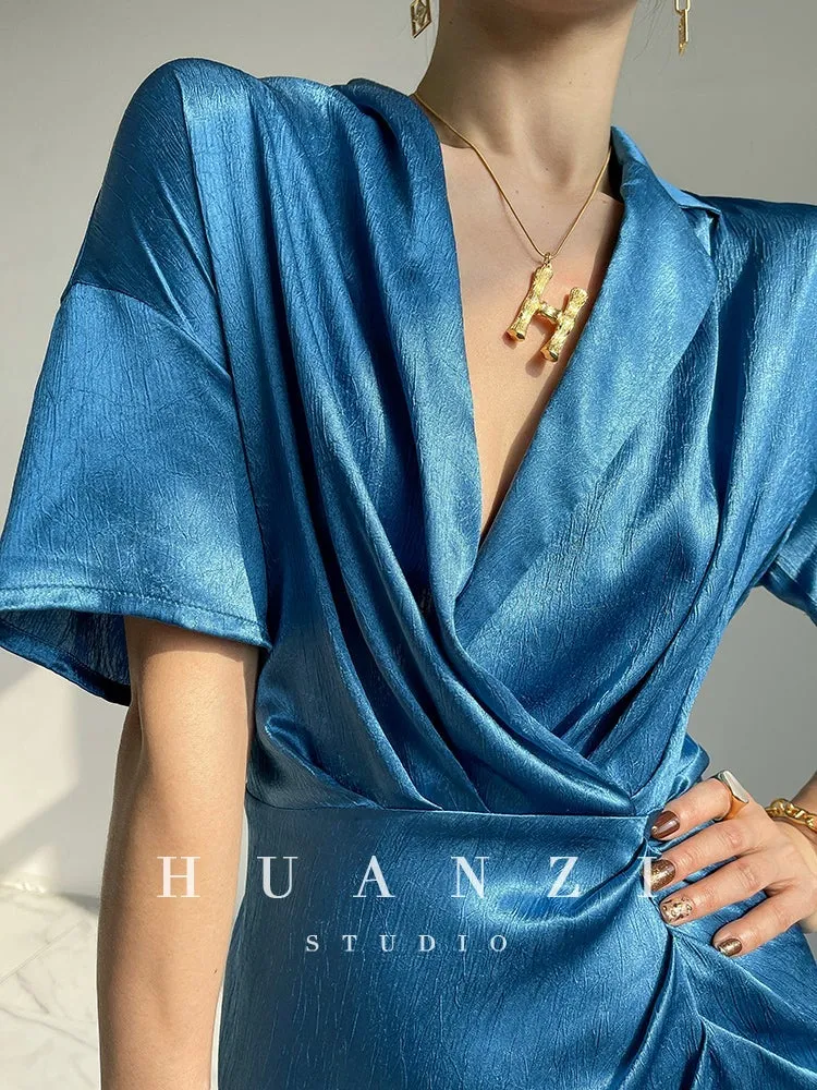 HUANZI custom designer high-end glossy silky elegant dress -Diana Crystal Pink