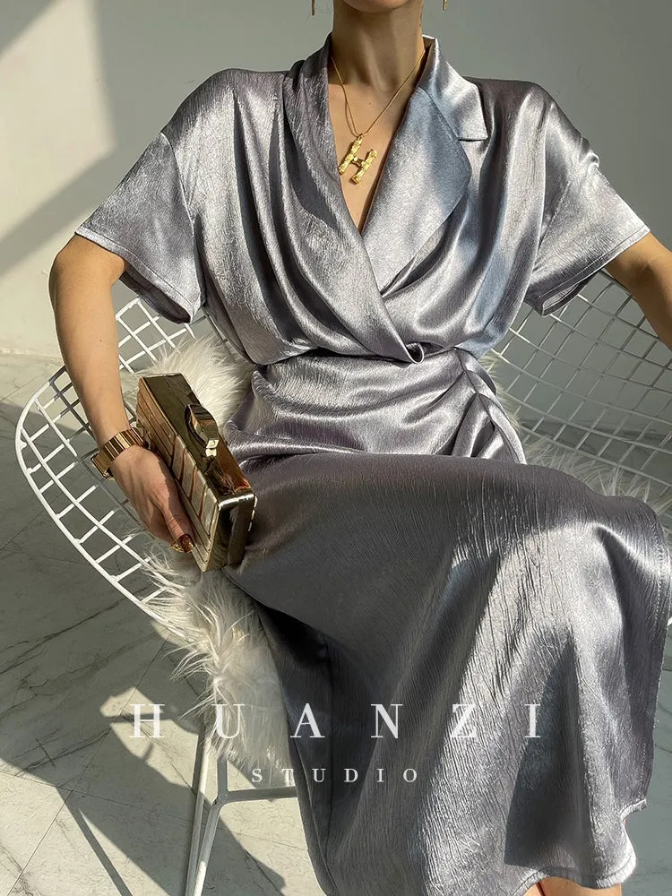 HUANZI custom designer high-end glossy silky elegant dress -Diana Crystal Pink