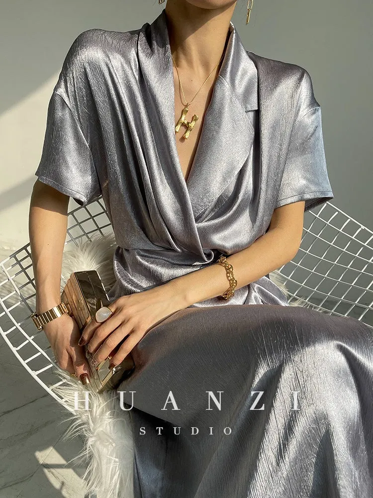 HUANZI custom designer high-end glossy silky elegant dress -Diana Crystal Pink