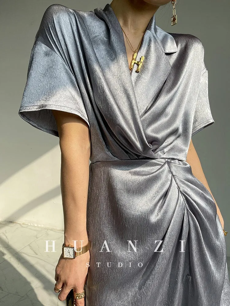 HUANZI custom designer high-end glossy silky elegant dress -Diana Crystal Pink
