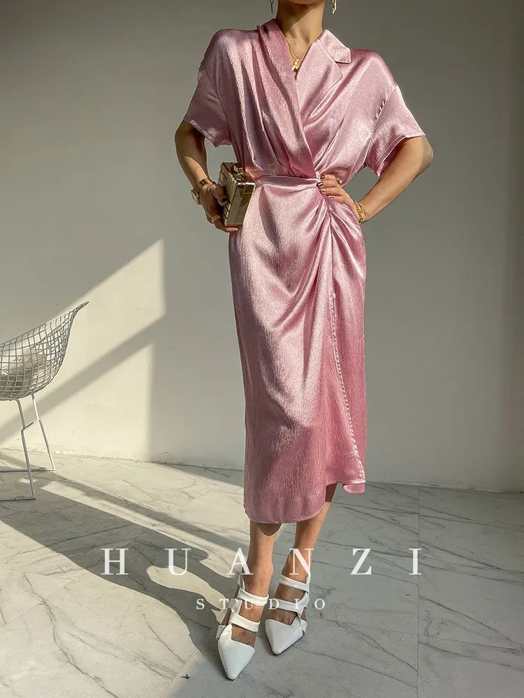 HUANZI custom designer high-end glossy silky elegant dress -Diana Crystal Pink