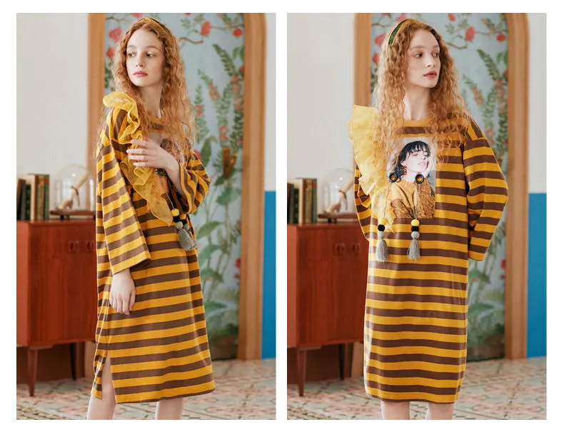 JAM PRINCESS GRAPHIC LONG SLEEVE T SHIRT DRESS IN STRIPE
