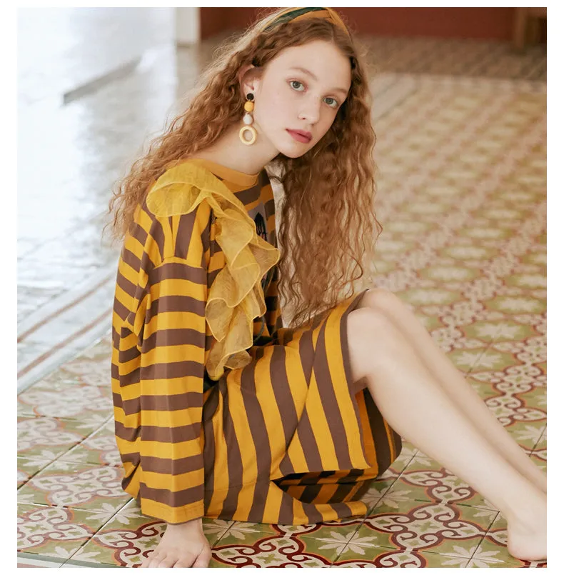 JAM PRINCESS GRAPHIC LONG SLEEVE T SHIRT DRESS IN STRIPE