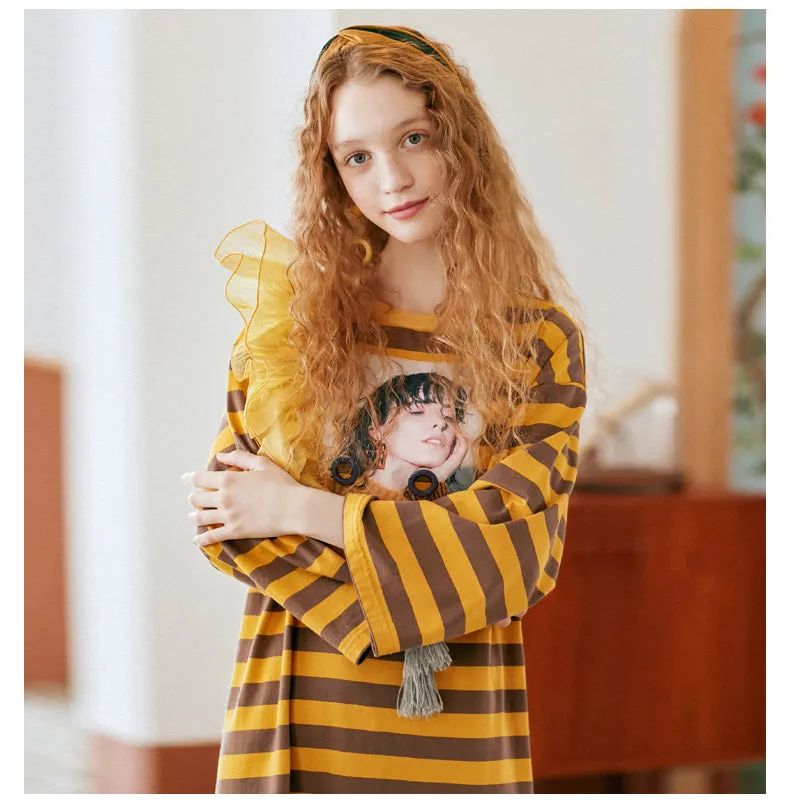 JAM PRINCESS GRAPHIC LONG SLEEVE T SHIRT DRESS IN STRIPE
