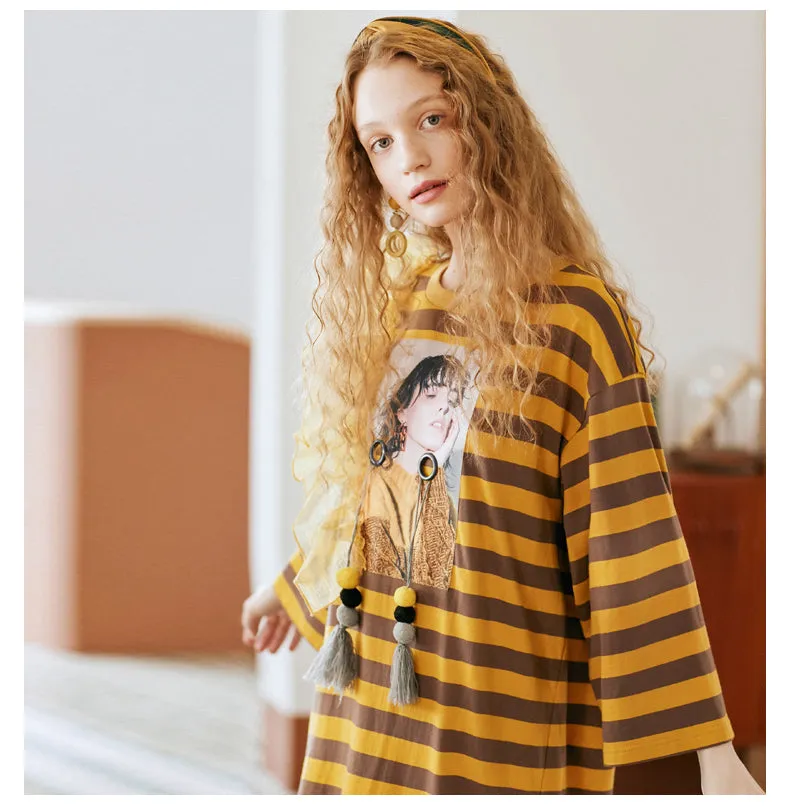 JAM PRINCESS GRAPHIC LONG SLEEVE T SHIRT DRESS IN STRIPE