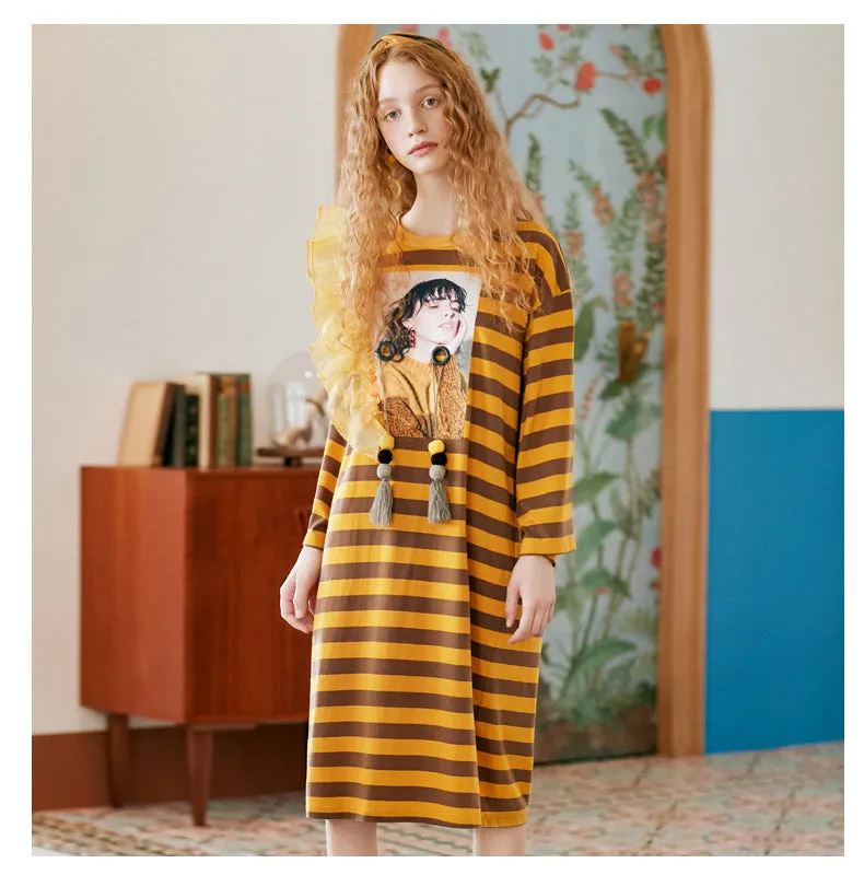 JAM PRINCESS GRAPHIC LONG SLEEVE T SHIRT DRESS IN STRIPE
