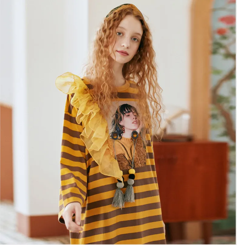 JAM PRINCESS GRAPHIC LONG SLEEVE T SHIRT DRESS IN STRIPE