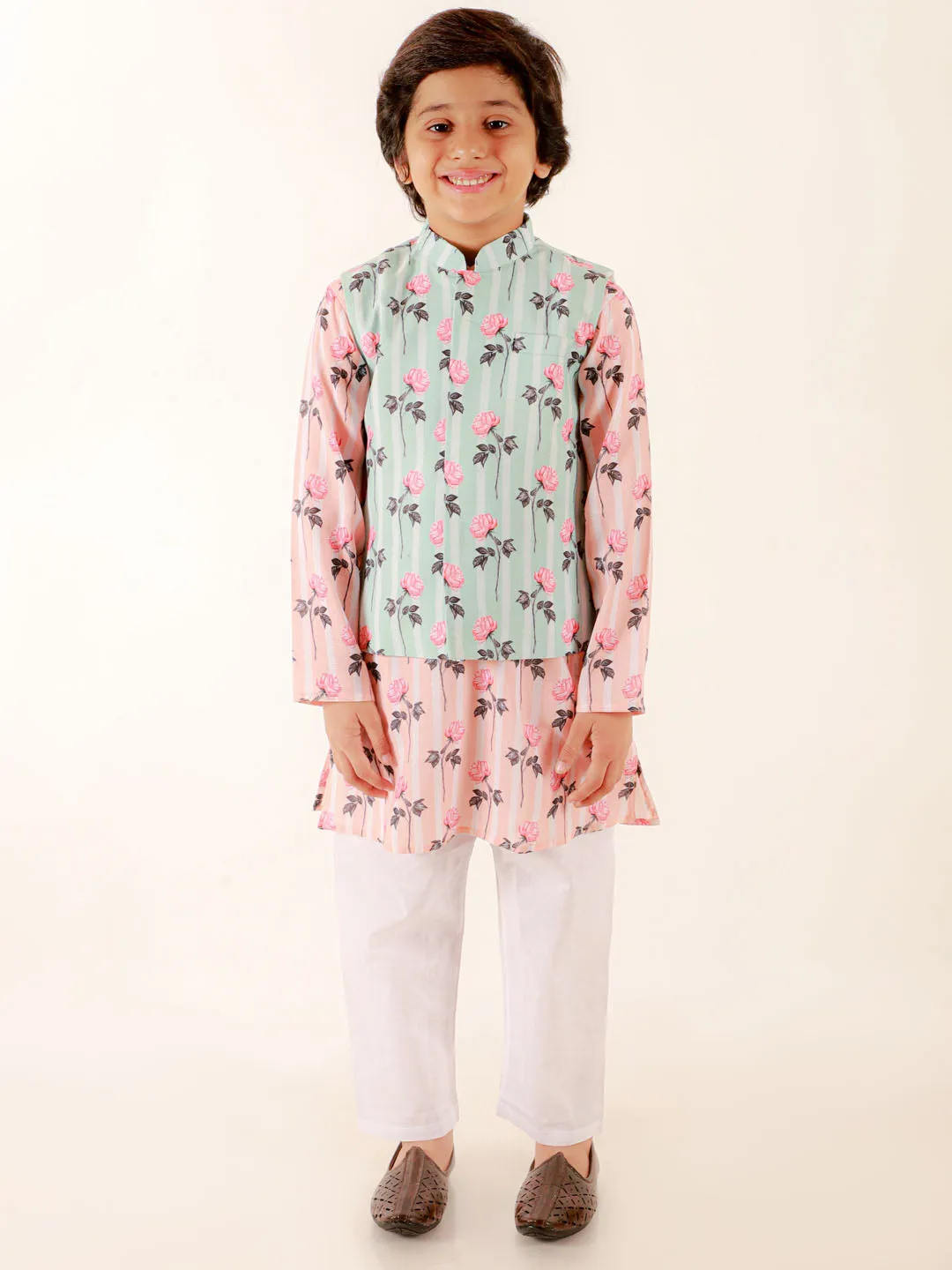 Jashvi Boys Peach Floral Printed Nehru Jacket